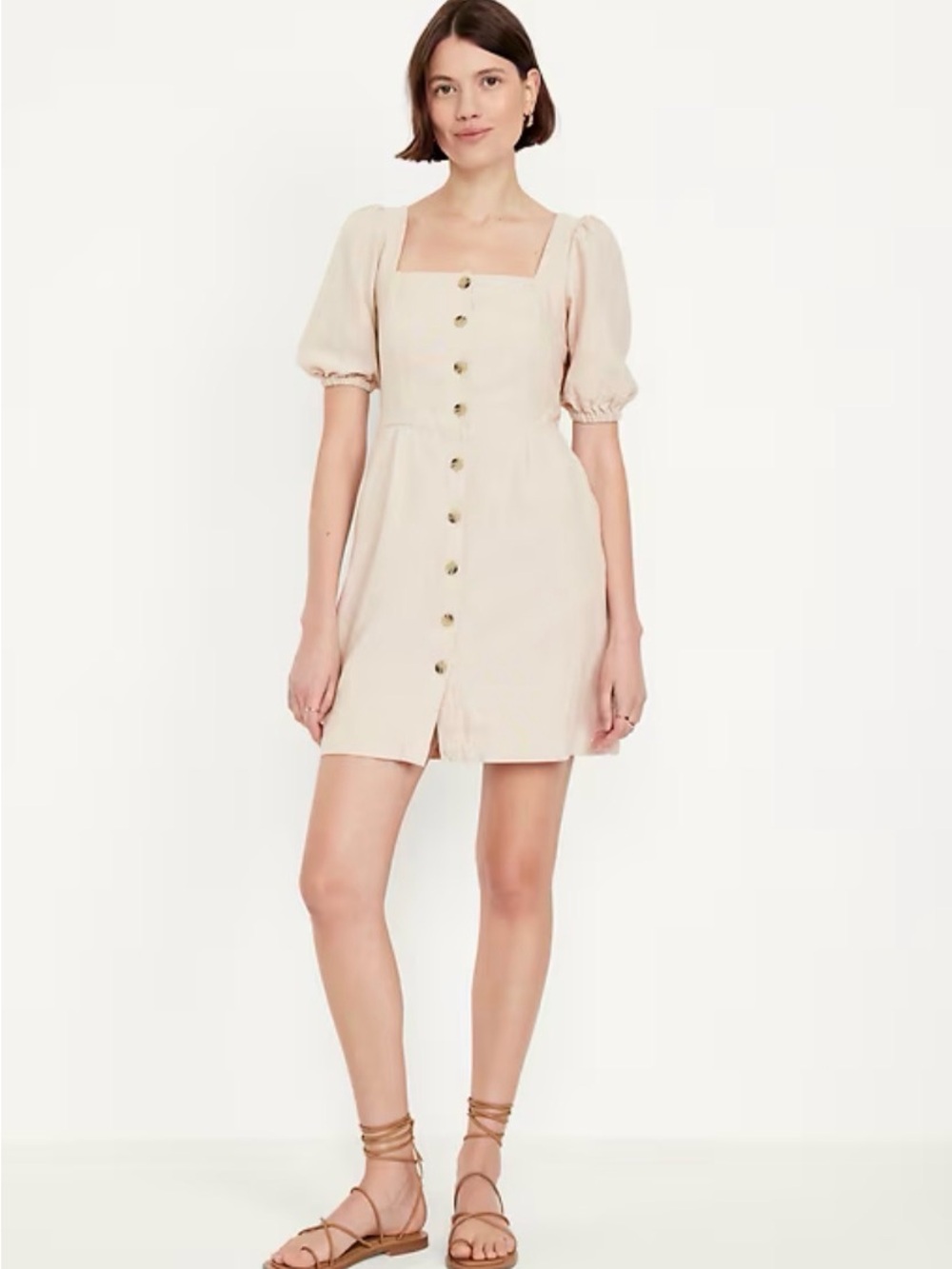 Old Navy Cream Square-Neck Puff Sleeve Button-Front Mini Dress